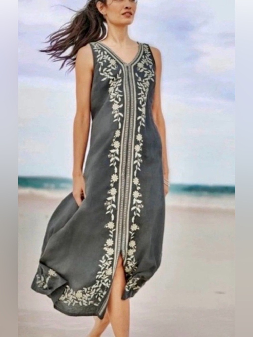 J. Jill Embroidered Linen Maxi Dress Lagenlook Boho Summer Gray | Size Medium